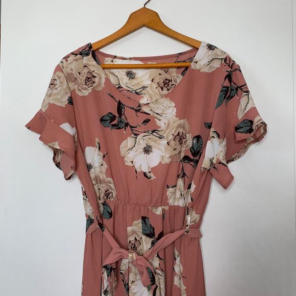 3/$20 NWOT Shein plus size pink floral print tie belt ruffle sleeve dress SZ 3X - Picture 3 of 9